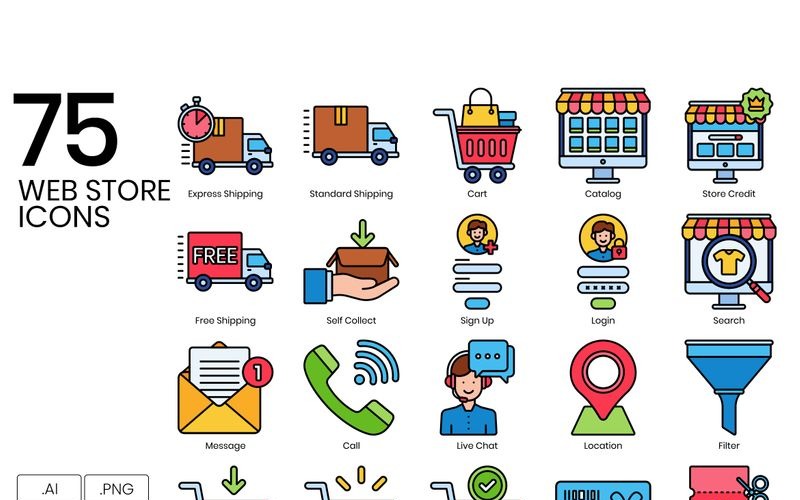 Download Набор иконок "75 Web Store Icons - Vivid Series Set" / 75 Web Store Icons - Vivid Series Set - Набор иконок на тему графика 