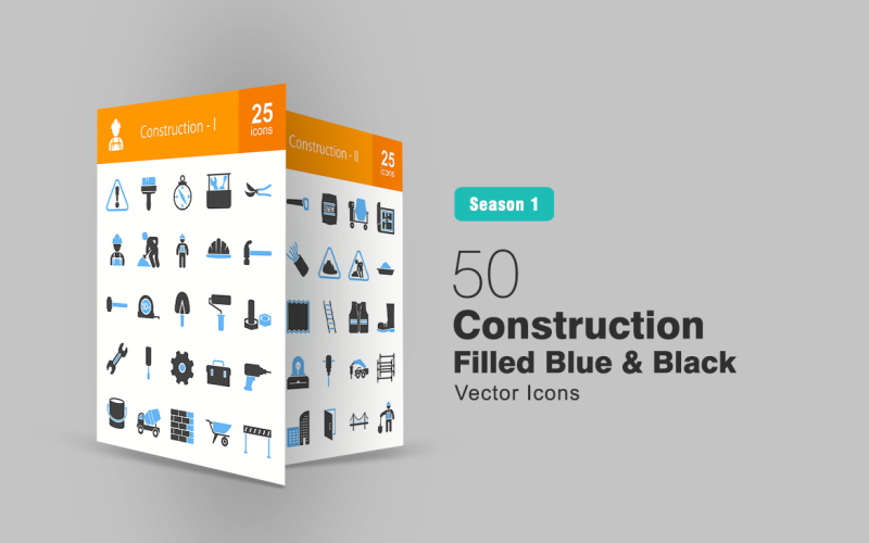 50 Будівництво заповнені синьо-чорний набір іконок