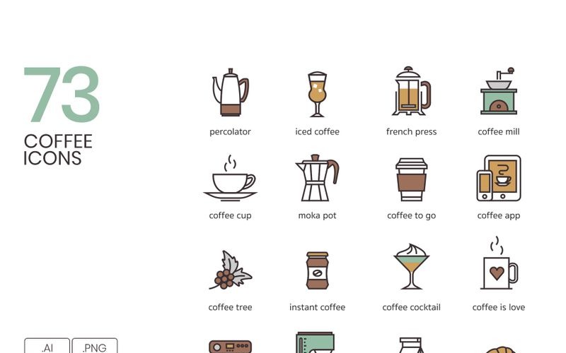 Download Набор иконок "73 Coffee Icons Set" / 73 Coffee Icons Set - Набор иконок на тему графика 