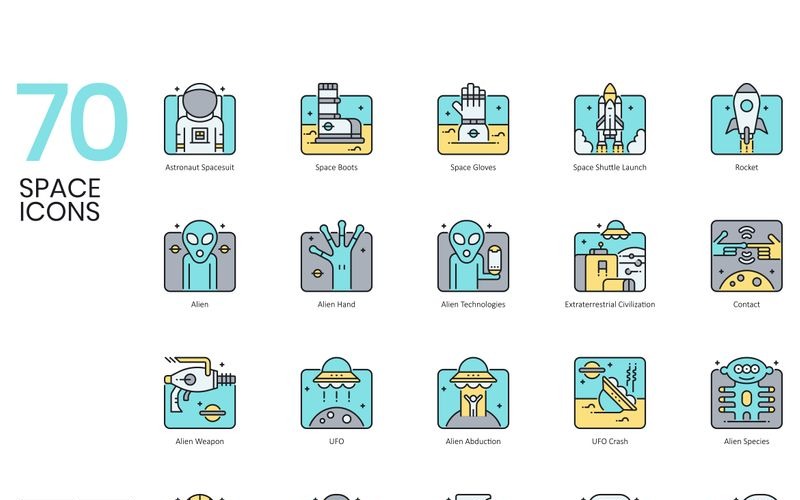 70 iconos espaciales - conjunto de la serie Aqua