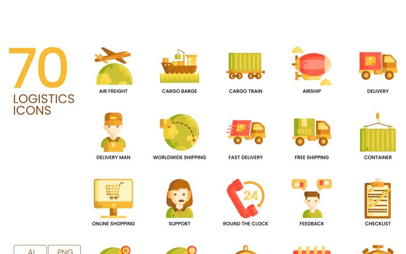 Download Набор иконок "70 Logistics Icons - Caramel Series Set" / 70 Logistics Icons - Caramel Series Set - Набор иконок на тему графика 