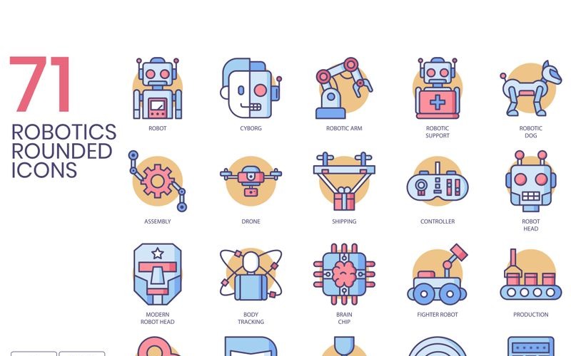 71 robotických ikon - sada máslové řady