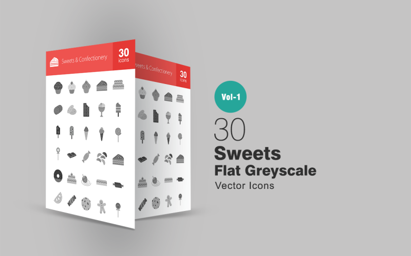 Set di icone piatte in scala di grigi di 30 dolci e pasticceria