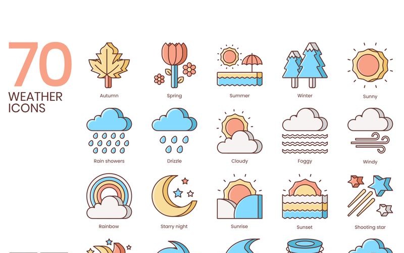 Download Набор иконок "70 Weather Icons - Honey Series Set" / 70 Weather Icons - Honey Series Set - Набор иконок на тему графика 