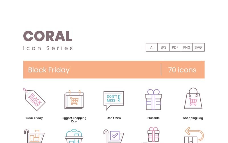Download Набор иконок "70 Black Friday Icons - Coral Series Set" / 70 Black Friday Icons - Coral Series Set - Набор иконок на тему графика 
