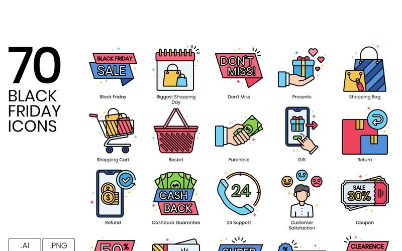 Download Набор иконок "70 Black Friday Icons - Vivid Series Set" / 70 Black Friday Icons - Vivid Series Set - Набор иконок на тему графика 