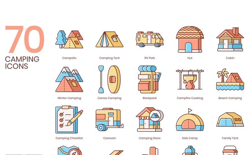 Download Набор иконок "70 Camping Icons - Honey Series Set" / 70 Camping Icons - Honey Series Set - Набор иконок на тему графика 