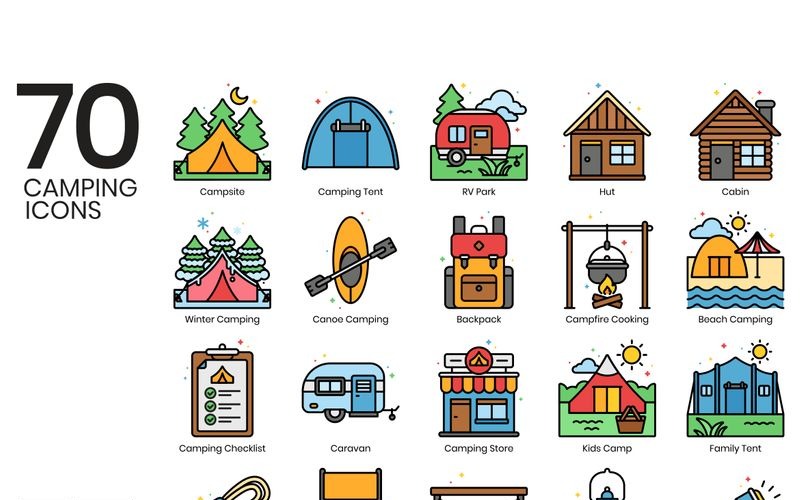 Download Набор иконок "70 Camping Icons - Vivid Series Set" / 70 Camping Icons - Vivid Series Set - Набор иконок на тему графика 