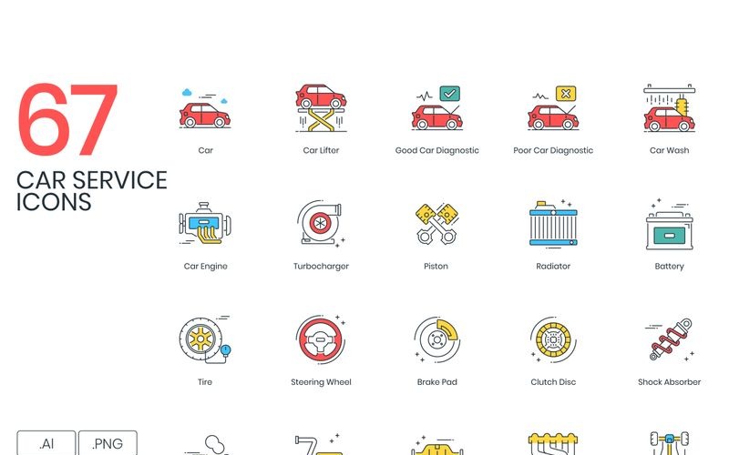 Download Набор иконок "67 Car Service Icons - ColorPop Series Set" / 67 Car Service Icons - ColorPop Series Set - Набор иконок на тему графика 