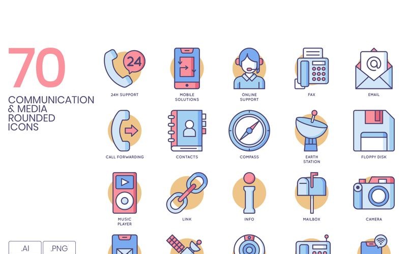 Download Набор иконок "70 Communication _ Media Icons - Butterscotch Series Set" / 70 Communication _ Media Icons - Butterscotch Series Set - Набор иконок на тему графика 