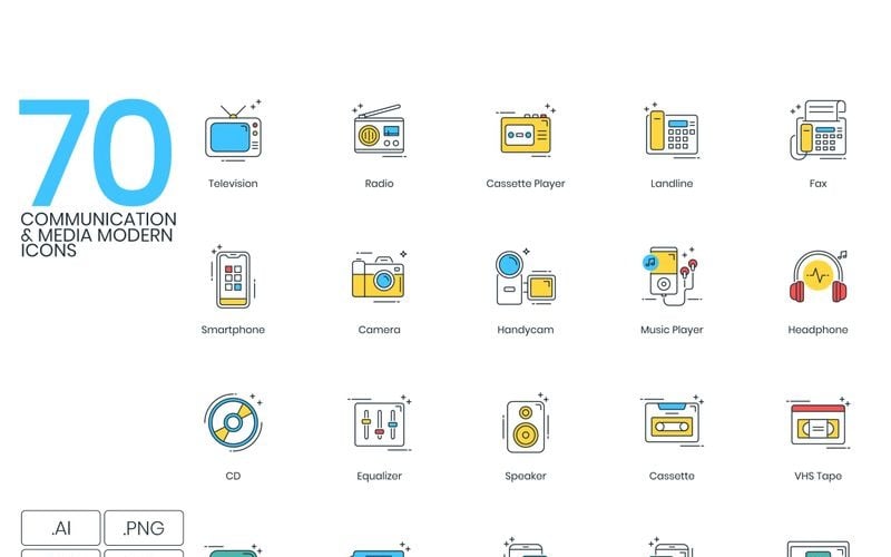 Download Набор иконок "70 Communication _ Media Icons - ColorPop Series Set" / 70 Communication _ Media Icons - ColorPop Series Set - Набор иконок на тему графика 