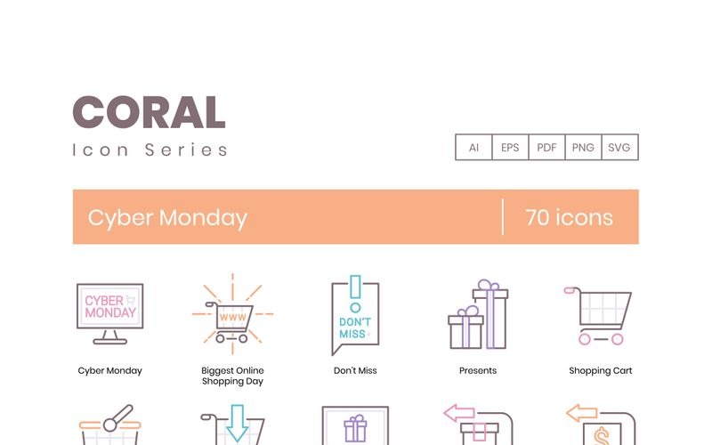 Download Набор иконок "70 Cyber Monday Icons - Coral Series Set" / 70 Cyber Monday Icons - Coral Series Set - Набор иконок на тему графика 