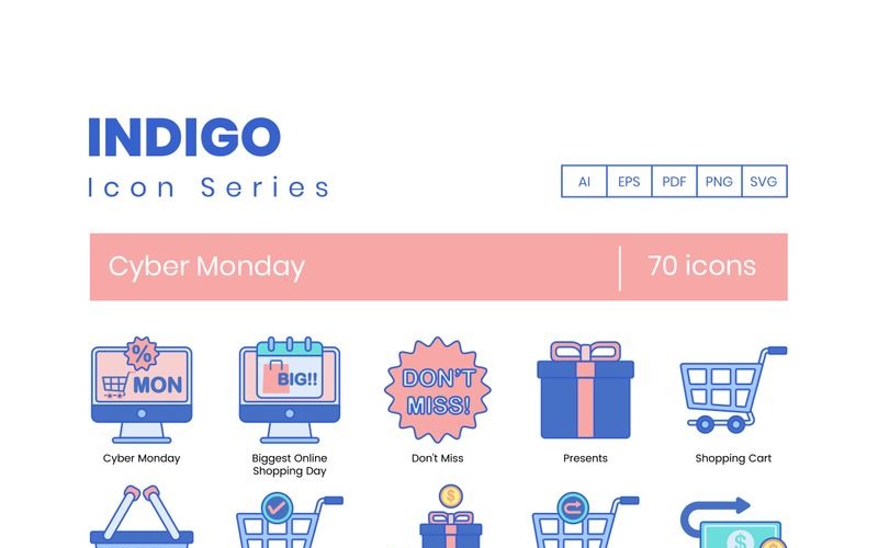 Download Набор иконок "70 Cyber Monday Icons - Indigo Series Set" / 70 Cyber Monday Icons - Indigo Series Set - Набор иконок на тему графика 