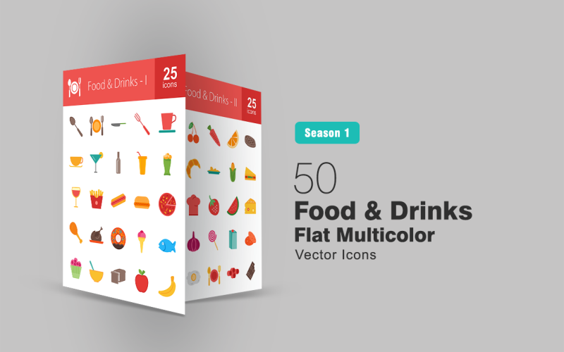 Download Набор иконок "50 Food & Drinks Flat Multicolor Icon Set" / 50 Food & Drinks Flat Multicolor Icon Set - Набор иконок на тему графика food icon drinks fruits vegetables snacks fastfood milk chicken meat kettle crockery spoon cup bottle dessert cheese breakfast iconbunny flat