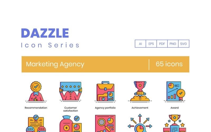 65 ícones de agência de marketing - conjunto série Dazzle