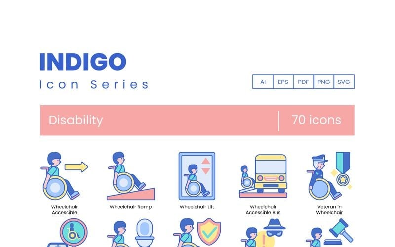 70 icônes de handicap - ensemble de la série Indigo