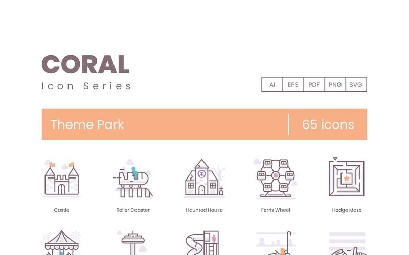 65 icônes de parc à thème - ensemble de série corail