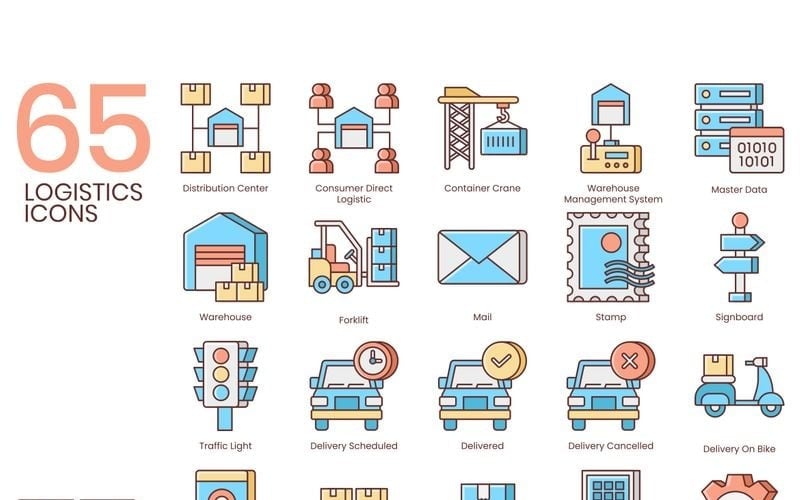 Download Набор иконок "65 Logistics Icons - Honey Series Set" / 65 Logistics Icons - Honey Series Set - Набор иконок на тему графика 