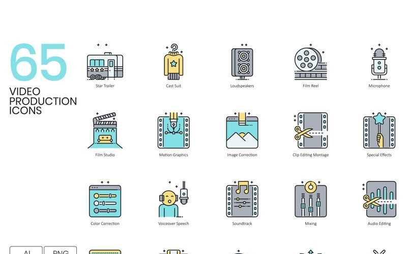 Download Набор иконок "65 Video Production Icons - Aqua Series Set" / 65 Video Production Icons - Aqua Series Set - Набор иконок на тему графика 