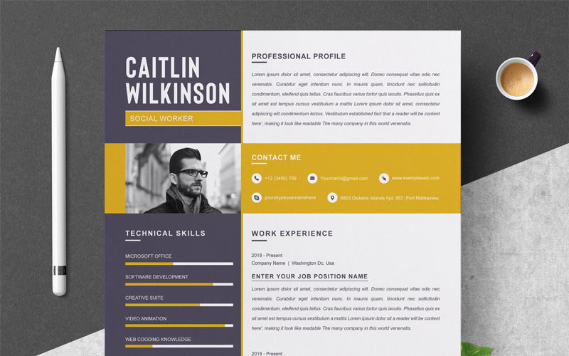 Download Резюме "Caltlin Resume Template" / Caltlin Resume Template - Резюме на тему графика 1 page resume 2 clean cv cover letter design template illustrator eps mac pages microsoft word modern photoshop psd professional