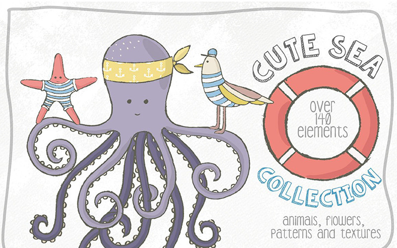 Download Иллюстрация "Cute Sea Collection - Illustration" / Cute Sea Collection - Illustration - Иллюстрация на тему графика sea ocean nautical marine octopus fish pattern seamless holiday invite branding social media botanical fashion abstract retro vintage storiesundefined book