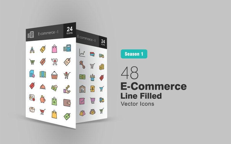 Download Набор иконок "48 Ecommerce Filled Line Icon Set" / 48 Ecommerce Filled Line Icon Set - Набор иконок на тему графика ecommerce icon online shopping marketing shop cart cash monetary money currency savings statistics coins store transaction discount order iconbunny flat