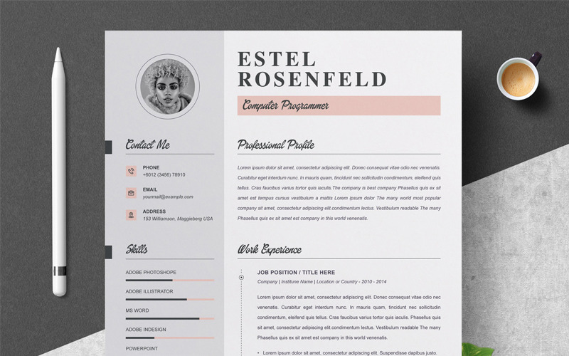 Download Резюме "Estel Resume Template" / Estel Resume Template - Резюме на тему графика page resume 2 clean cv cover letter design template illustrator eps mac pages microsoft word modern photoshop psd professional