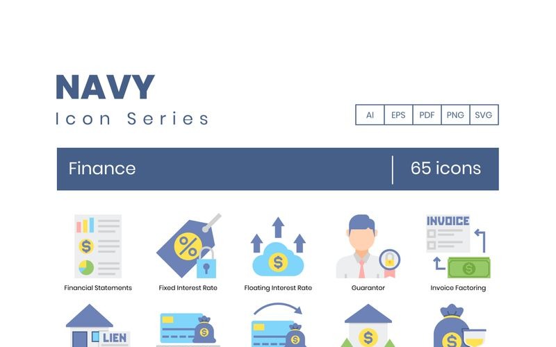 Download Набор иконок "65 Finance Icons - Navy Series Set" / 65 Finance Icons - Navy Series Set - Набор иконок на тему графика 