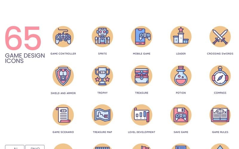 Download Набор иконок "65 Game Design Icons - Butterscotch Series Set" / 65 Game Design Icons - Butterscotch Series Set - Набор иконок на тему графика 