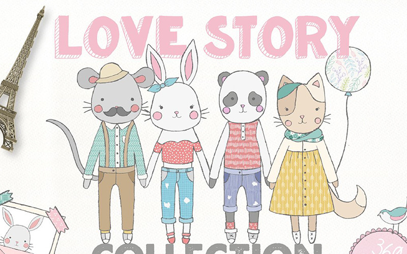 Download Иллюстрация "Love Story Collection - Illustration" / Love Story Collection - Illustration - Иллюстрация на тему графика love creator animals character personal wedding clothing pattern seamless card invitation postcard family flower floral wedding leaf leaves logo logos
