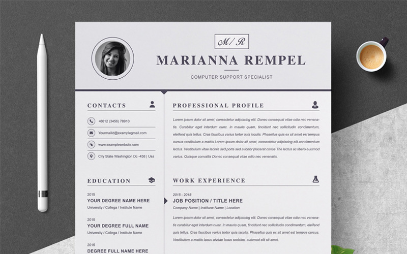 Download Резюме "Marianna Resume Template" / Marianna Resume Template - Резюме на тему графика page resume 2 clean cv cover letter design template illustrator eps mac pages microsoft word modern photoshop psd professional