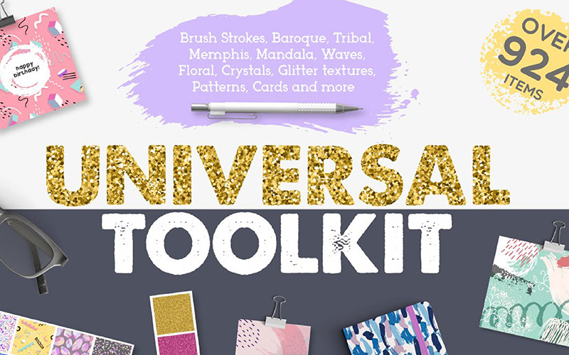 Download Иллюстрация "Universal Toolkit [ 924 items ] - Illustration" / Universal Toolkit [ 924 items ] - Illustration - Иллюстрация на тему графика universal crystal brush strokes tribal memphis mandala objects decorative elements waves asian floral flower borders lines abstract glitter gold cards