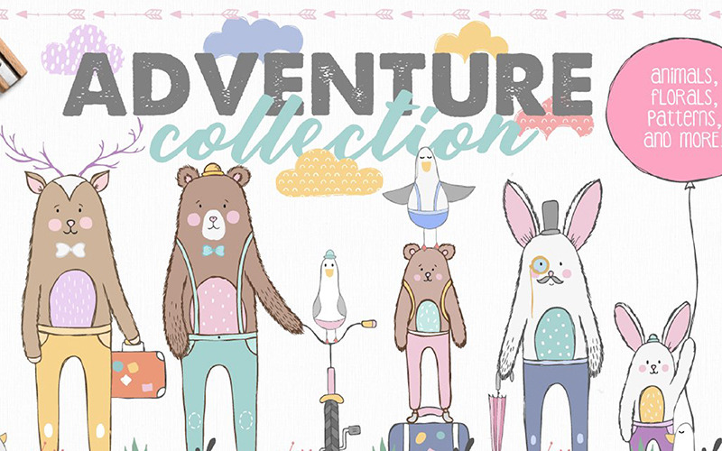 Download Иллюстрация "Adventure Collection - Illustration" / Adventure Collection - Illustration - Иллюстрация на тему графика pattern adventure travel holidays holiday rabbit bear animals flower floral wedding leaf leaves logo logos invitation card kids baby sticker