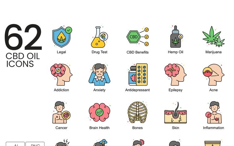 Download Набор иконок "62 CBD Oil Icons - Vivid Series Set" / 62 CBD Oil Icons - Vivid Series Set - Набор иконок на тему графика 