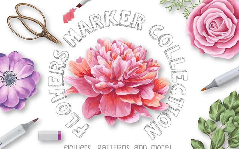 Download Иллюстрация "Flower Marker Collection - Illustration" / Flower Marker Collection - Illustration - Иллюстрация на тему графика marker flower floral flowers florals leaf leaves botanical wedding leaf leaves logo logos invitation card rsvp book branding magazine cover