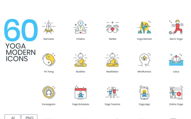 Download Набор иконок "60 Yoga Icons - ColorPop Series Set" / 60 Yoga Icons - ColorPop Series Set - Набор иконок на тему графика 