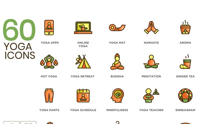 Download Набор иконок "60 Yoga Icons - Eco Series Set" / 60 Yoga Icons - Eco Series Set - Набор иконок на тему графика 