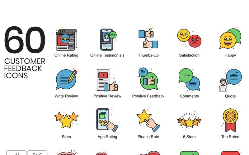 Download Набор иконок "60 Customer Feedback Icons - Vivid Series Set" / 60 Customer Feedback Icons - Vivid Series Set - Набор иконок на тему графика 