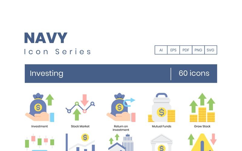 Download Набор иконок "60 Investing Icons - Navy Series Set" / 60 Investing Icons - Navy Series Set - Набор иконок на тему графика 