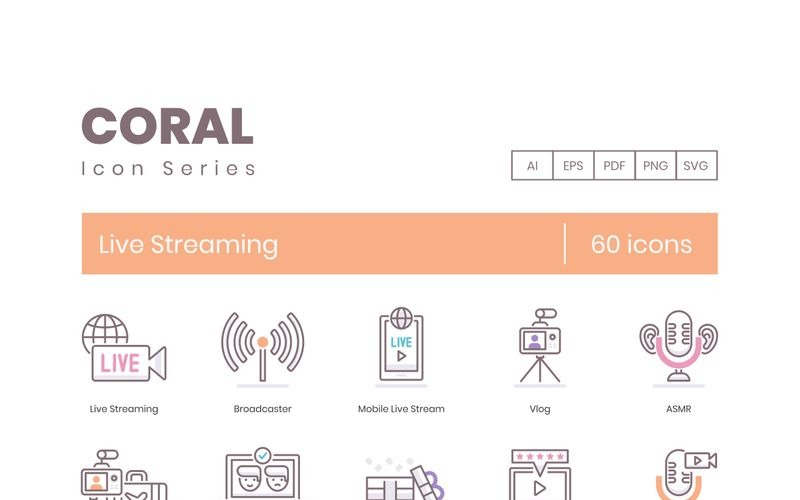 Download Набор иконок "60 Live Streaming Icons - Coral Series Set" / 60 Live Streaming Icons - Coral Series Set - Набор иконок на тему графика 
