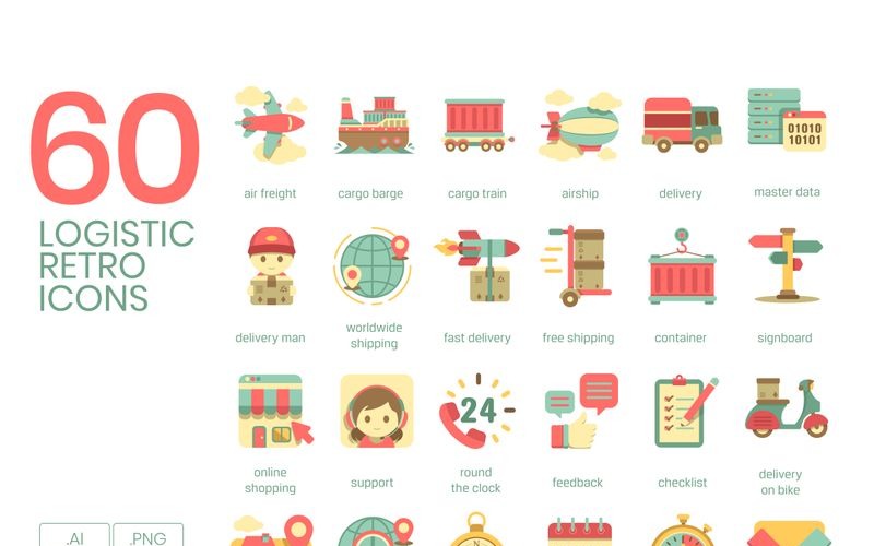 Download Набор иконок "60 Logistics Icons - Retro Series Set" / 60 Logistics Icons - Retro Series Set - Набор иконок на тему графика 