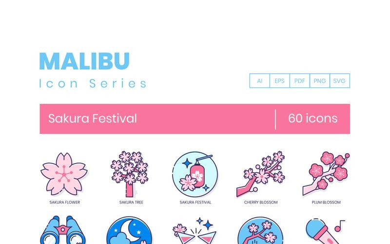 Download Набор иконок "60 Sakura Festival Icons - Malibu Series Set" / 60 Sakura Festival Icons - Malibu Series Set - Набор иконок на тему графика 