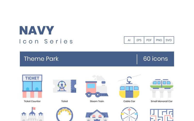 Download Набор иконок "60 Theme Park Icons - Navy Series Set" / 60 Theme Park Icons - Navy Series Set - Набор иконок на тему графика 