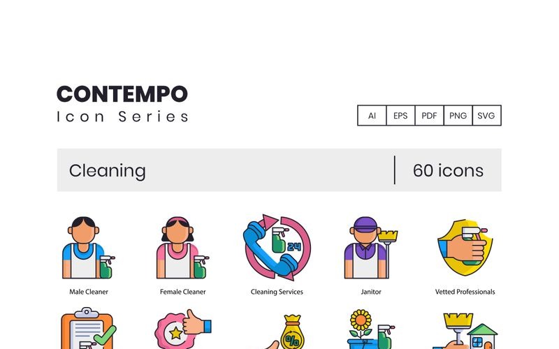 Download Набор иконок "60 Cleaning Icons - Contempo Series Set" / 60 Cleaning Icons - Contempo Series Set - Набор иконок на тему графика 