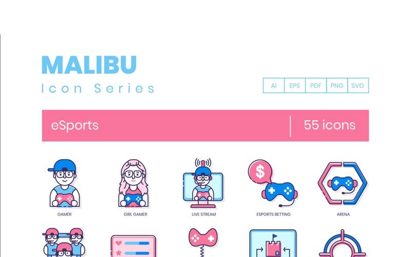 Download Набор иконок "55 eSports Icons - Malibu Series Set" / 55 eSports Icons - Malibu Series Set - Набор иконок на тему графика 