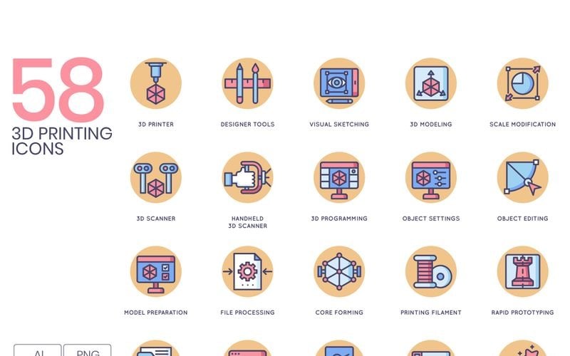 58 icone di stampa 3D - Set di serie Butterscotch