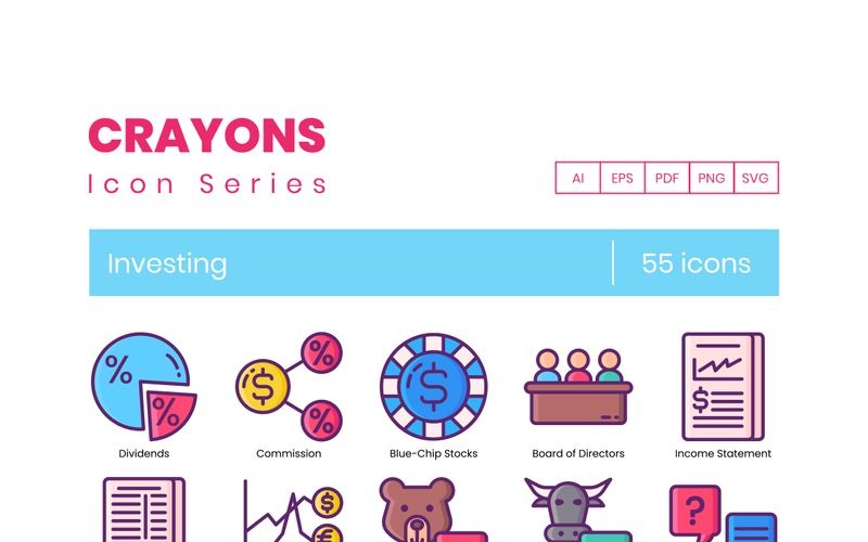 Download Набор иконок "55 Investing Icons - Crayons Series Set" / 55 Investing Icons - Crayons Series Set - Набор иконок на тему графика 