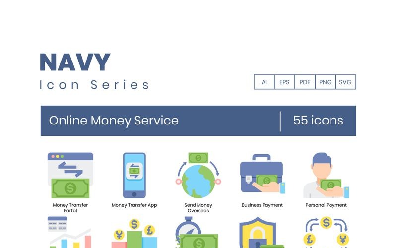 Download Набор иконок "55 Online Money Service Icons - Navy Series Set" / 55 Online Money Service Icons - Navy Series Set - Набор иконок на тему графика 