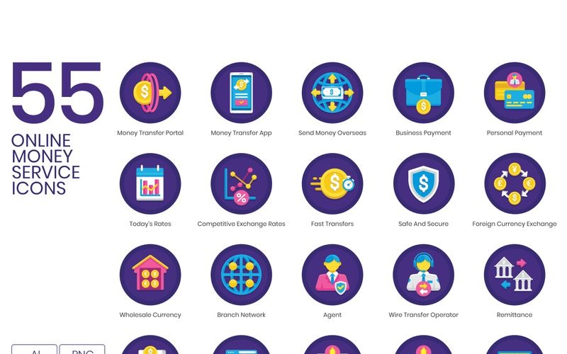 Download Набор иконок "55 Online Money Service Icons - Orchid Series Set" / 55 Online Money Service Icons - Orchid Series Set - Набор иконок на тему графика 