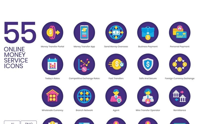 55 Online Money Service Icons - Orchid Series Set